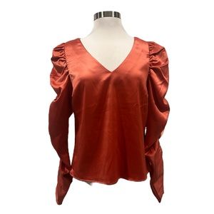 Andrew Marc Satin Puff Ruched Sleeve Top, Size Medium